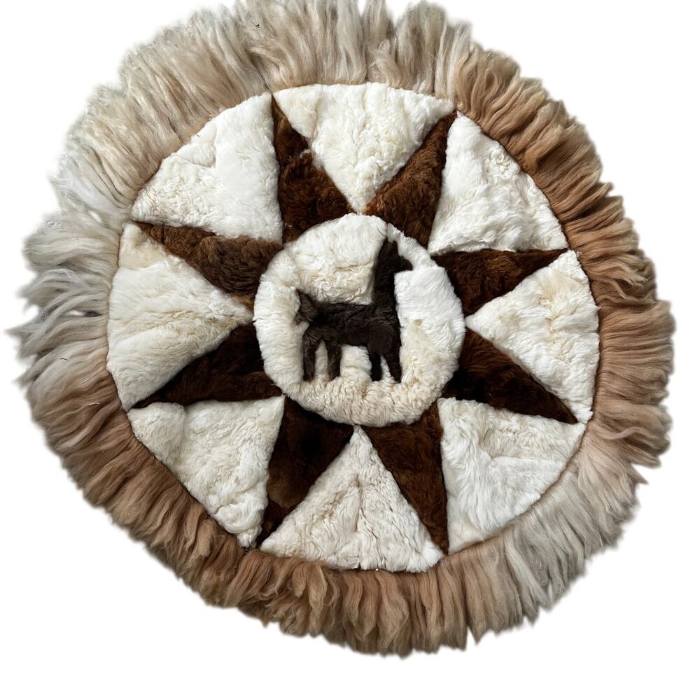 Vintage Alpaca Fur Round Rug Wall Art HandMade Hide 36” Peruvian Boho Southwest